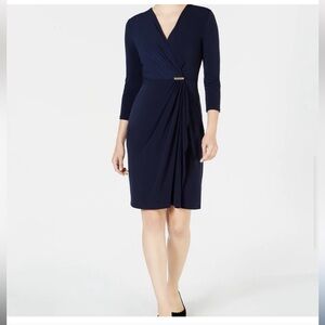 NWT Charter Club Hardware Faux-Wrap Dress Navy & Gray Petite Large